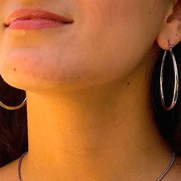 Silver Oval Tear Drop Hoop Earrings - Picture 2 of 4